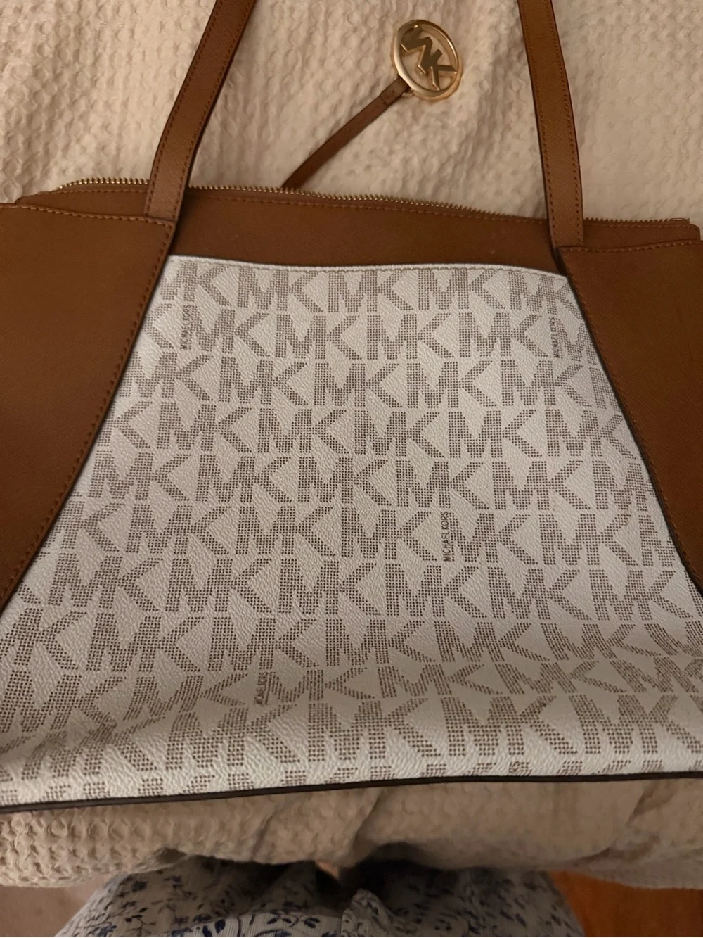 Michael Kors Tan and Cream MK Logo Tote with Gold Accent